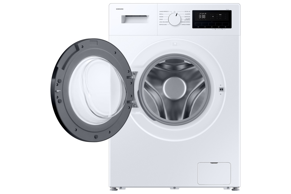 Lavadora Samsung blanca con puerta abierta. Pantalla muestra 3:38. Junta de puerta gris. Panel de control arriba.