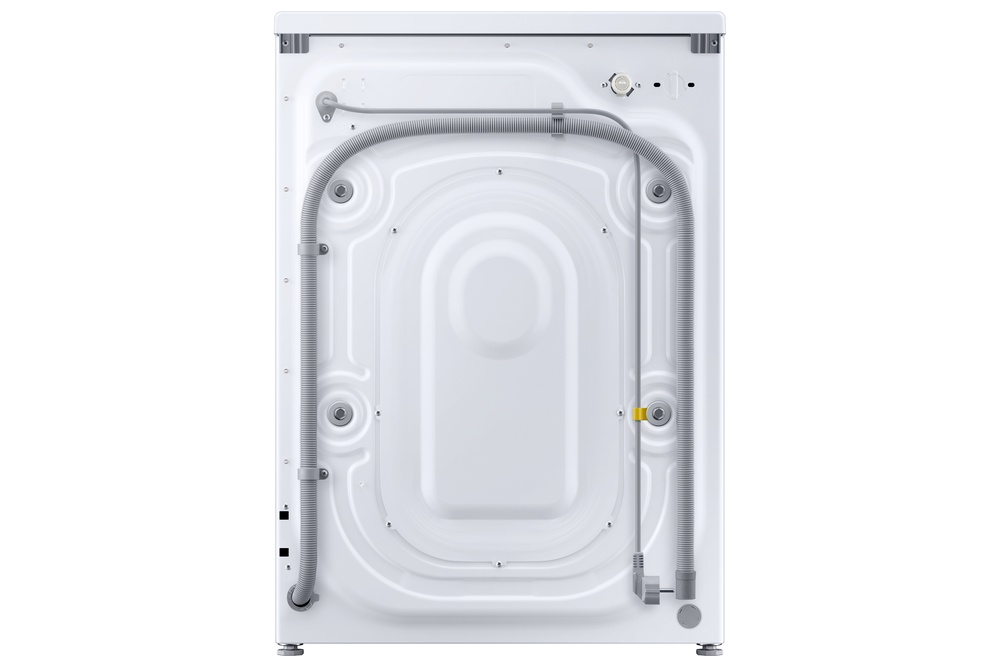 Parte trasera de una lavadora blanca. Se ven la manguera de entrada de agua, la manguera de desagüe y varios puntos de conexión.