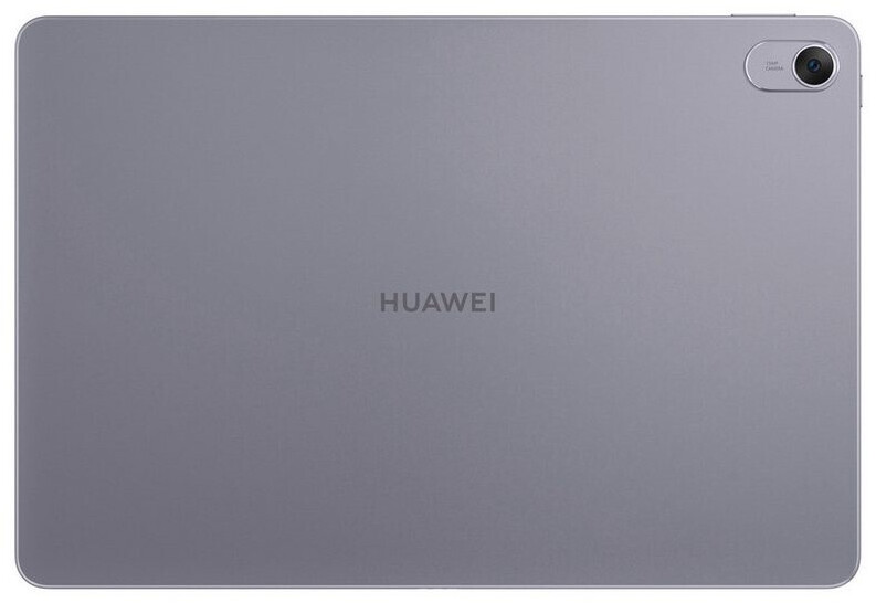 Egy szürke Huawei tablet hátulja. A jobb felső sarokban kamera található. A márkanév a tablet közepén van.