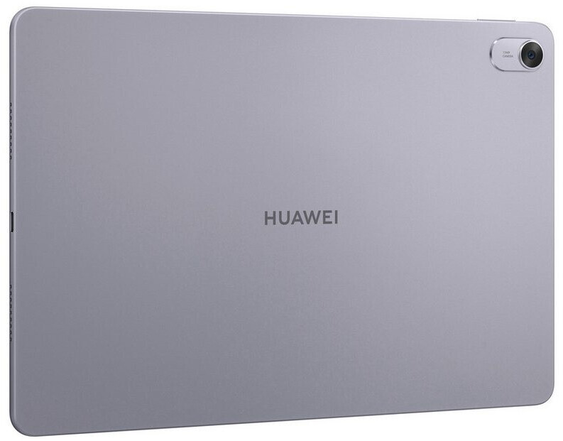 Egy szürke Huawei tablet hátulja kamerával és márkajelzéssel. A kamera a jobb felső sarokban található.
