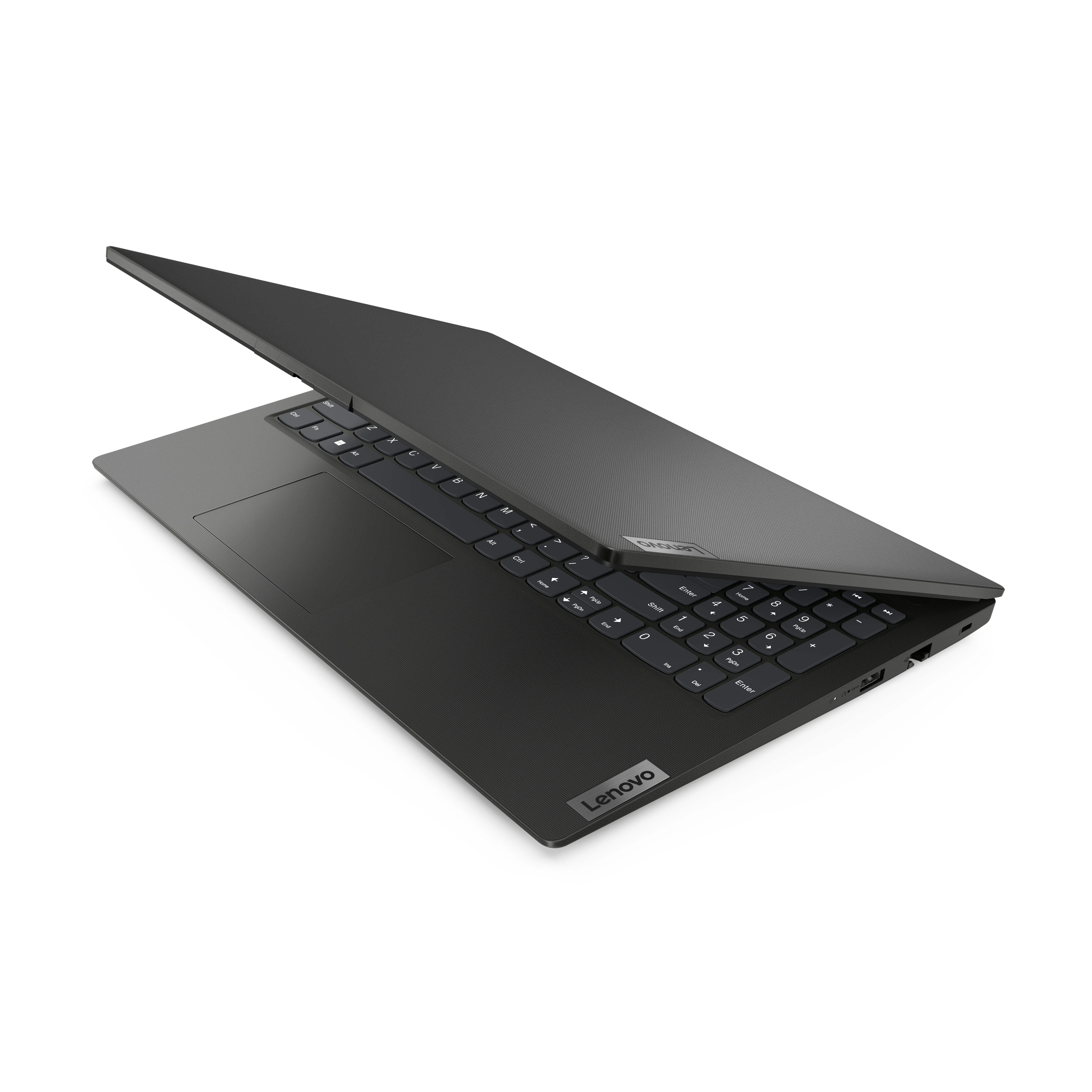 Czarny laptop Lenovo jest otwarty na białej powierzchni. Klawiatura jest widoczna z logo Lenovo w prawym dolnym rogu.