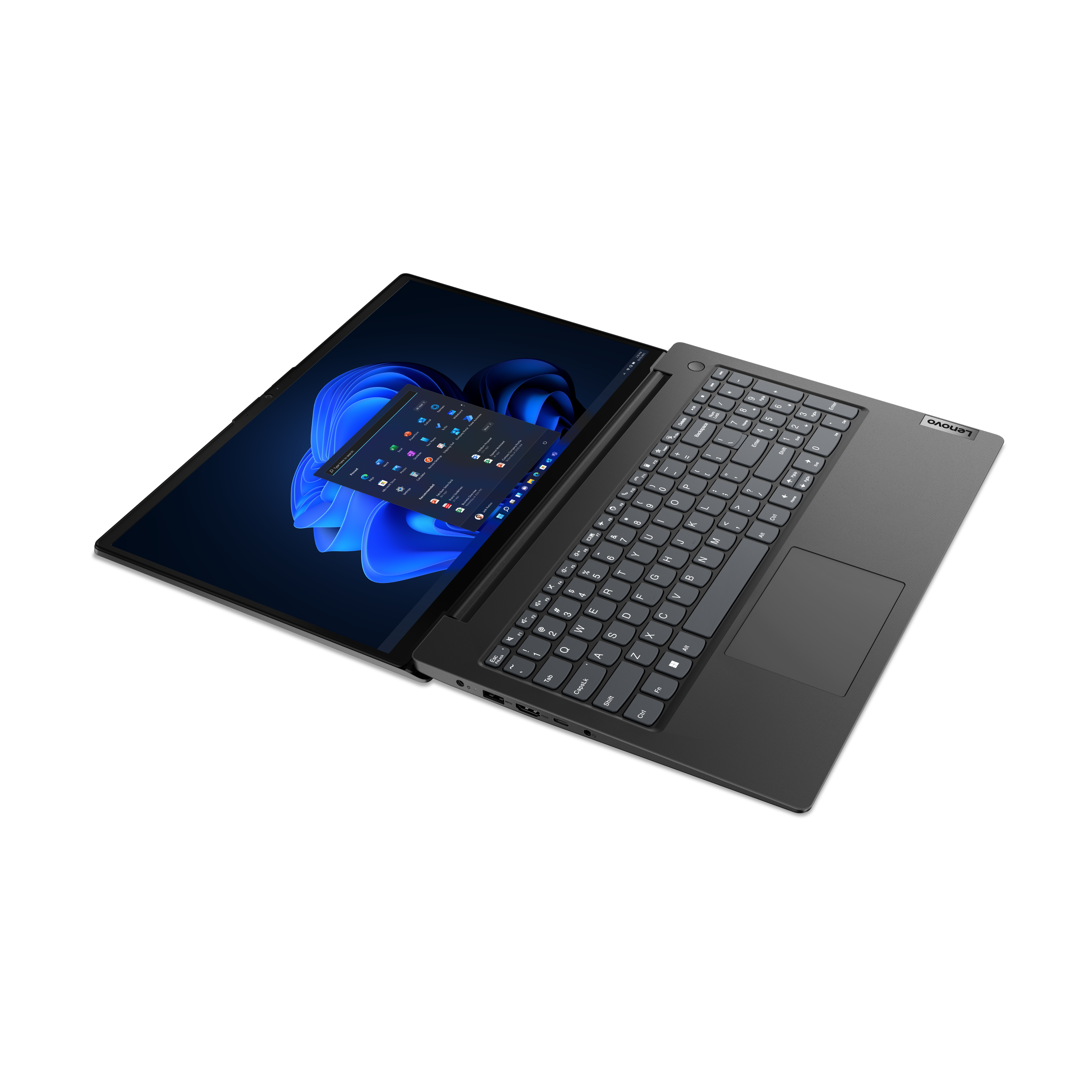Otwarty laptop Lenovo na czarnym tle. Ekran wyświetla interfejs Windows 11.