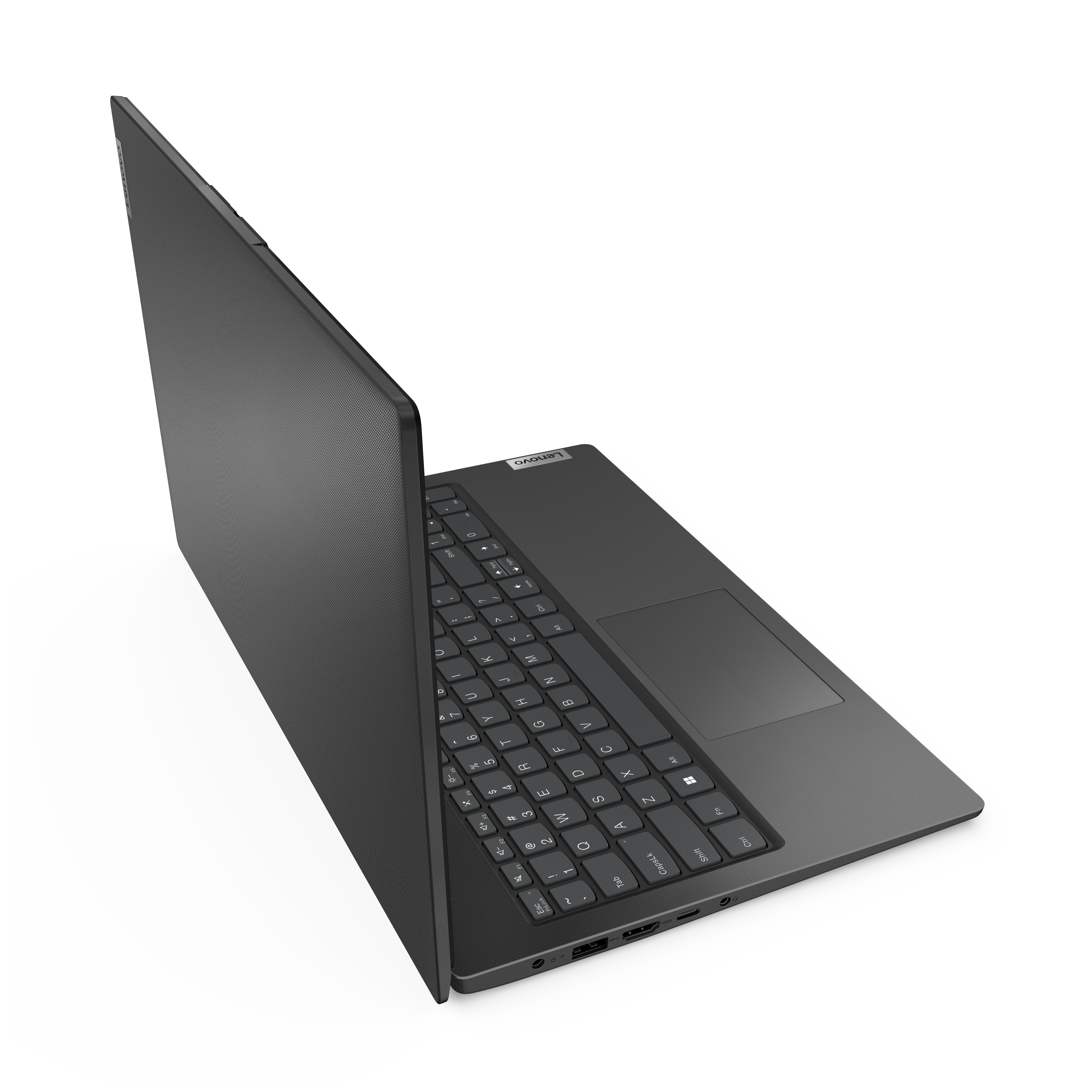 Czarny laptop Lenovo jest lekko otwarty. Klawiatura i touchpad są widoczne. Tło jest białe.