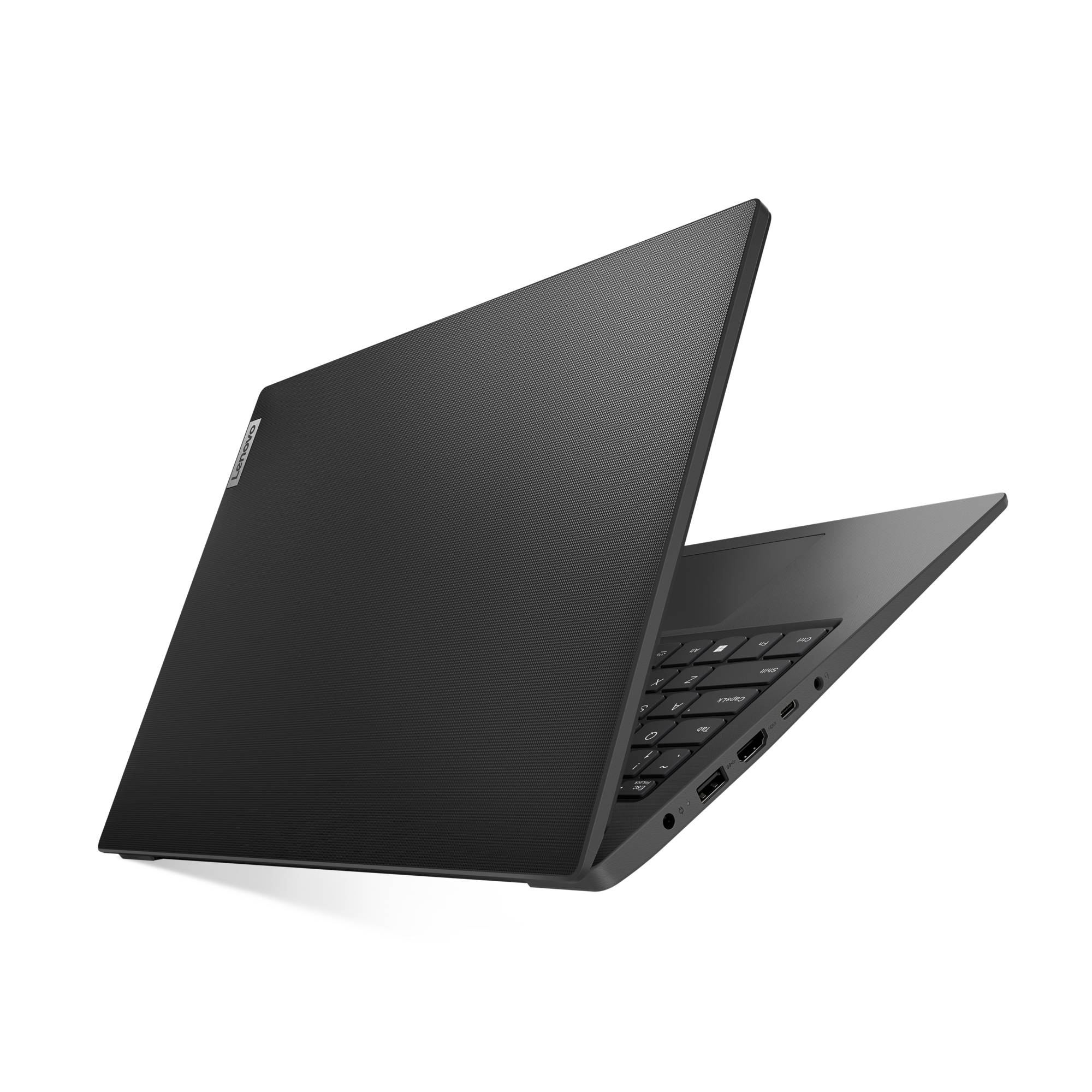 Czarny laptop Lenovo, częściowo otwarty, z klawiaturą i teksturowaną pokrywą. Logo widoczne.