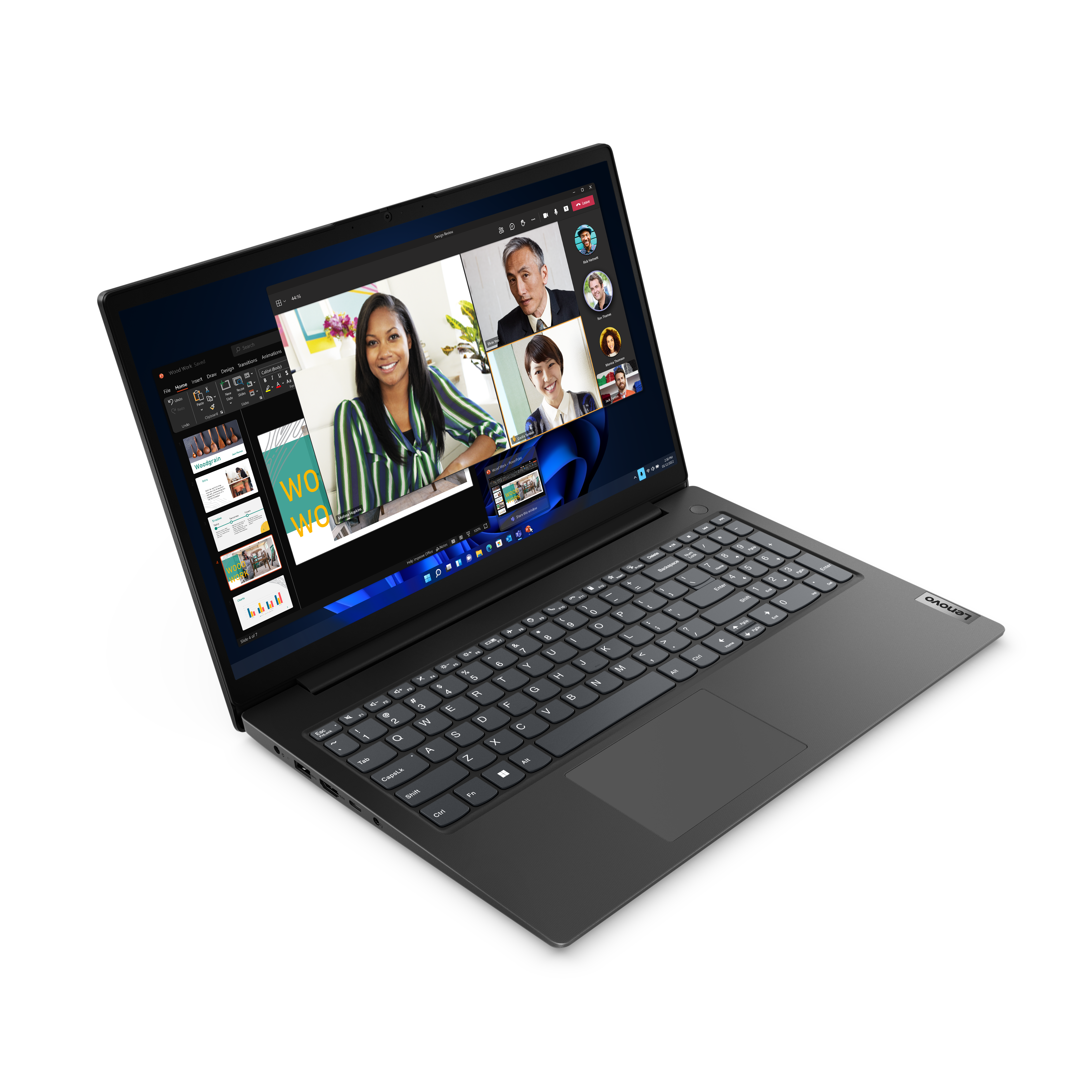 Laptop wyświetlający rozmowę wideo z wieloma uczestnikami i prezentacją. Widoczne logo Lenovo.