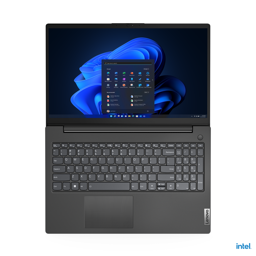 Laptop Lenovo jest otwarty, wyświetlając menu Start systemu Windows 11. Widoczna klawiatura i touchpad. Logo Intel w prawym dolnym rogu.