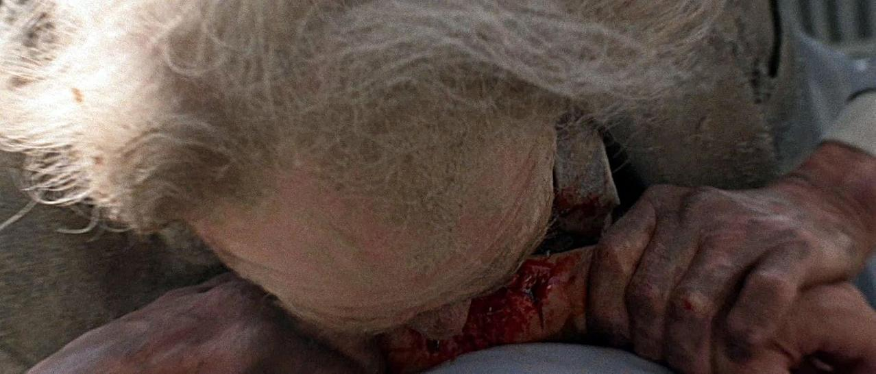 Eine ältere Person beugt sich über einer blutigen Wunde an einem Arm. Graues Haar bedeckt das Gesicht. Hände halten den Arm. Die Szene ist düster.