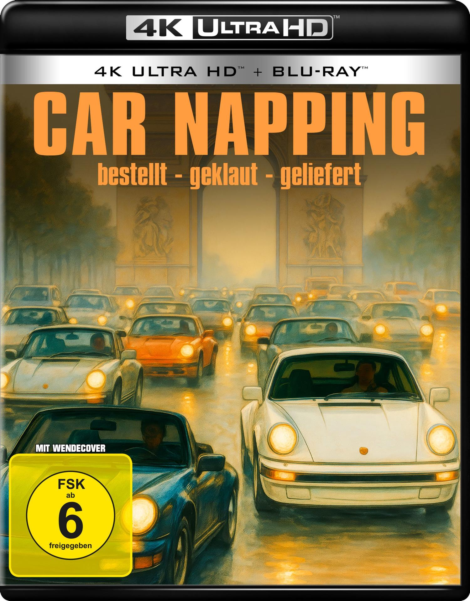 Ein Filmcover zeigt Autos in einer Stadt. Der Titel 'CAR NAPPING' wird mit einer Bewertung und dem 4K Ultra HD-Logo angezeigt.