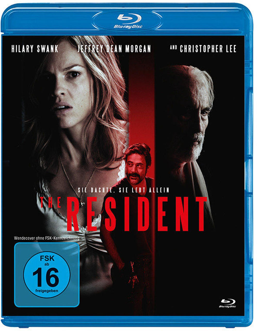 Blu-ray-Cover von „The Resident“. Mit Hilary Swank, Jeffrey Dean Morgan und Christopher Lee. Dunkle Rot- und Schwarztöne dominieren.
