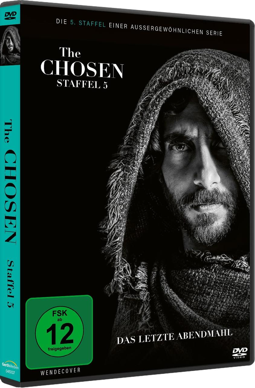 DVD-Cover für „The Chosen“, Staffel 5. Zeigt einen Mann in einem Kapuzenmantel. Text enthält Serientitel, Episodentitel und Altersfreigabe.