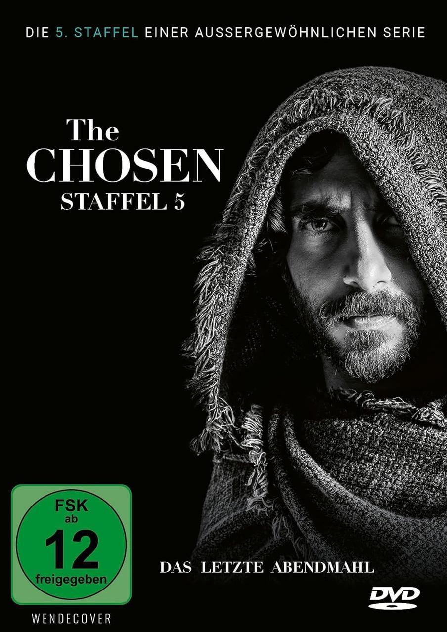 Cover für 'The Chosen' Staffel 5. Ein Mann in einem Kapuzenmantel. Text enthält 'The Chosen' und 'Staffel 5'.