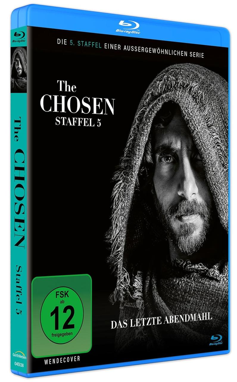 Blu-ray-Cover für "The Chosen." Ein Mann mit Kapuze ist abgebildet. Text enthält "Staffel 5" und "Das Letzte Abendmahl".