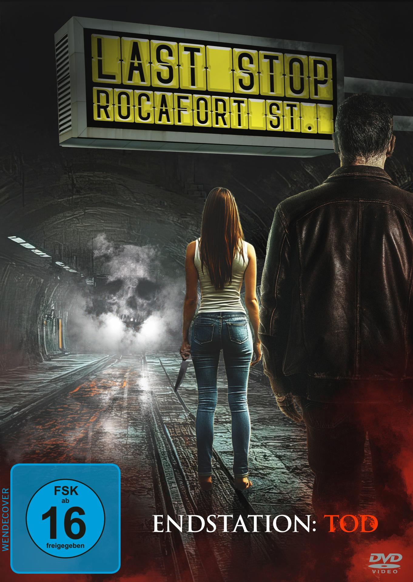 Filmposter. Frau mit Messer blickt einem Totenkopf in einem Tunnel entgegen. Mann in Lederjacke steht neben ihr. Titel: Endstation: Tod.