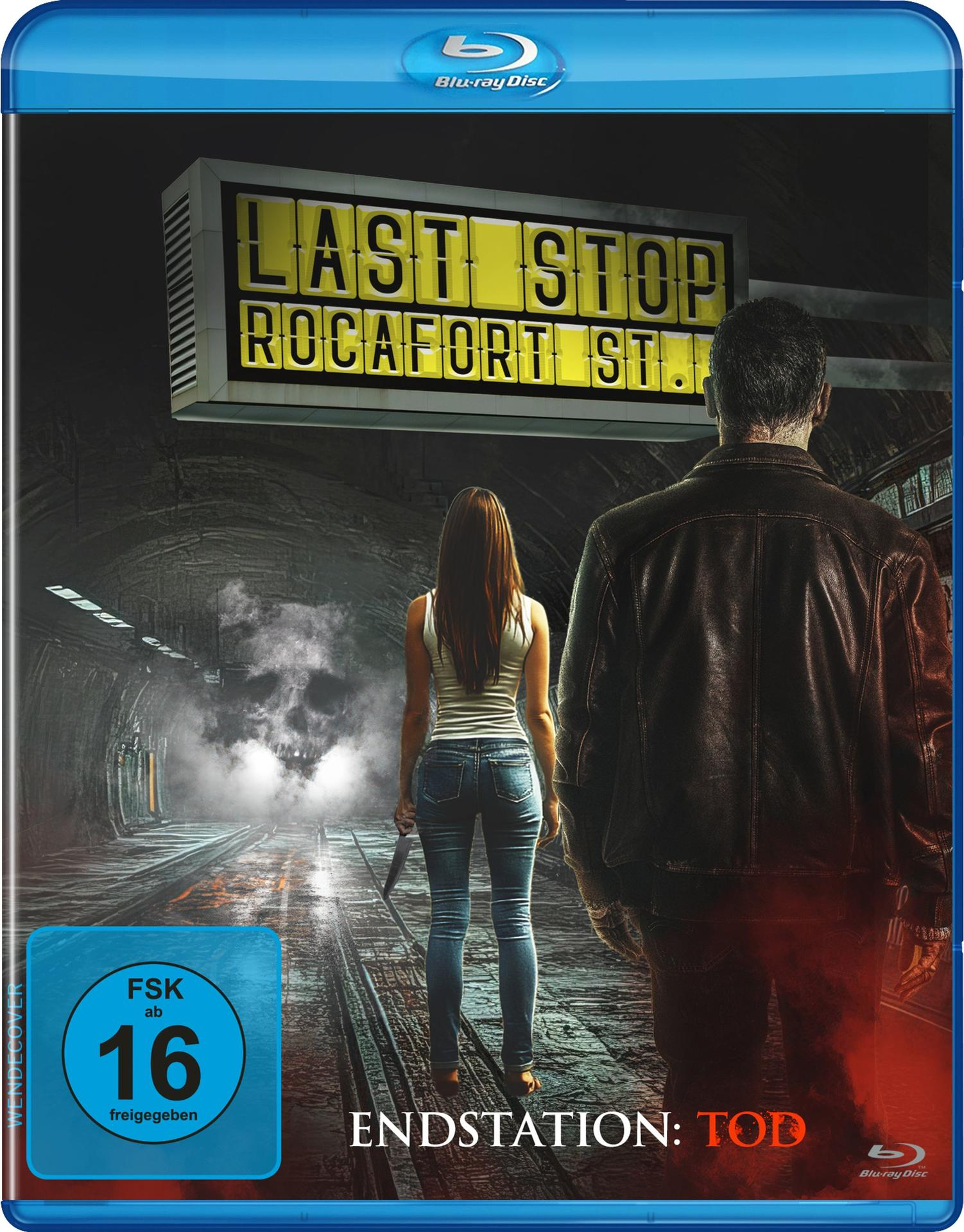 Filmcover. Frau mit Messer, geht auf einen Totenkopf in einem Tunnel zu. Mann in Lederjacke. Schild: 'LAST STOP ROCAFORT ST.'