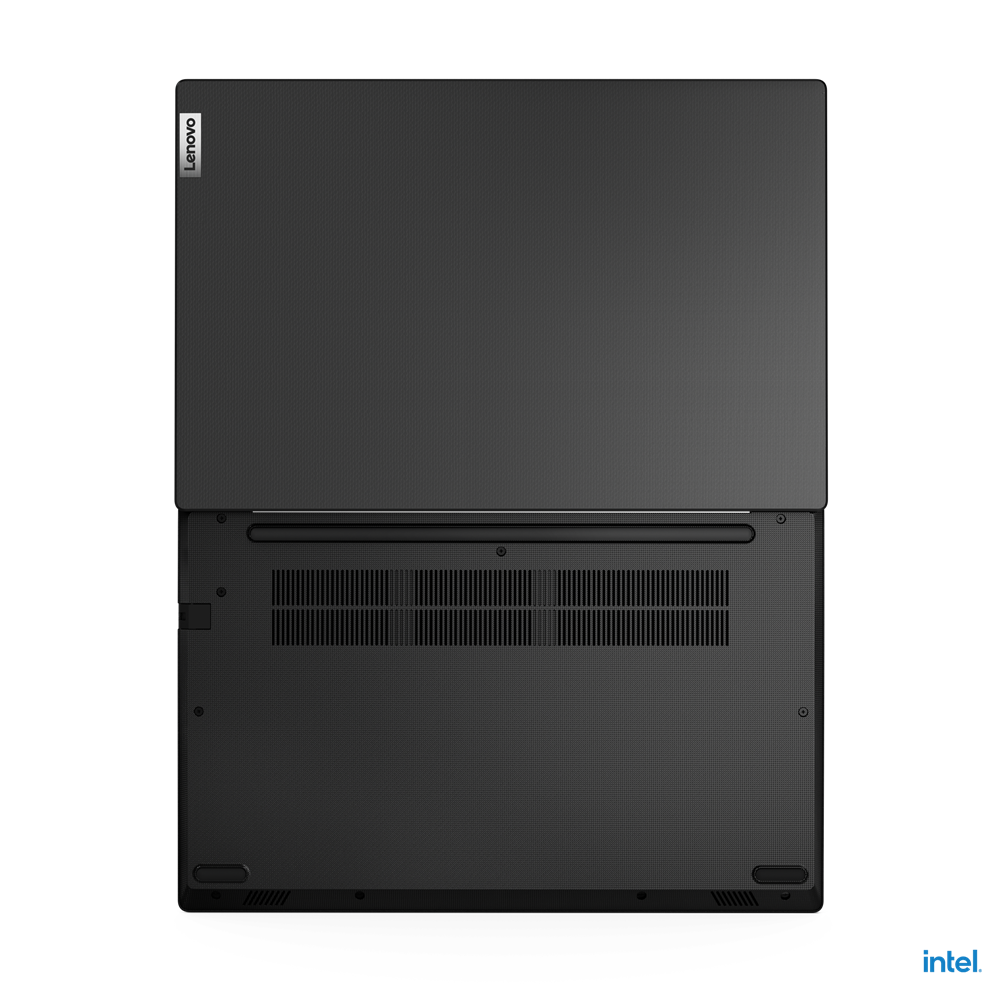 Otwarty czarny laptop Lenovo na czarnej powierzchni. Widoczne logo Lenovo. Logo Intel w prawym dolnym rogu.