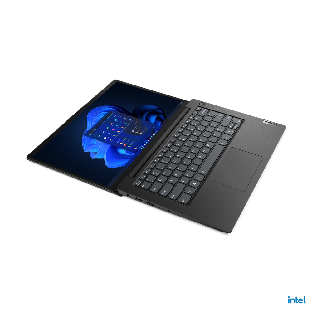 Czarny laptop Lenovo jest otwarty. Ekran wyświetla interfejs Windows 11. Klawiatura jest widoczna, a tło jest czarne.