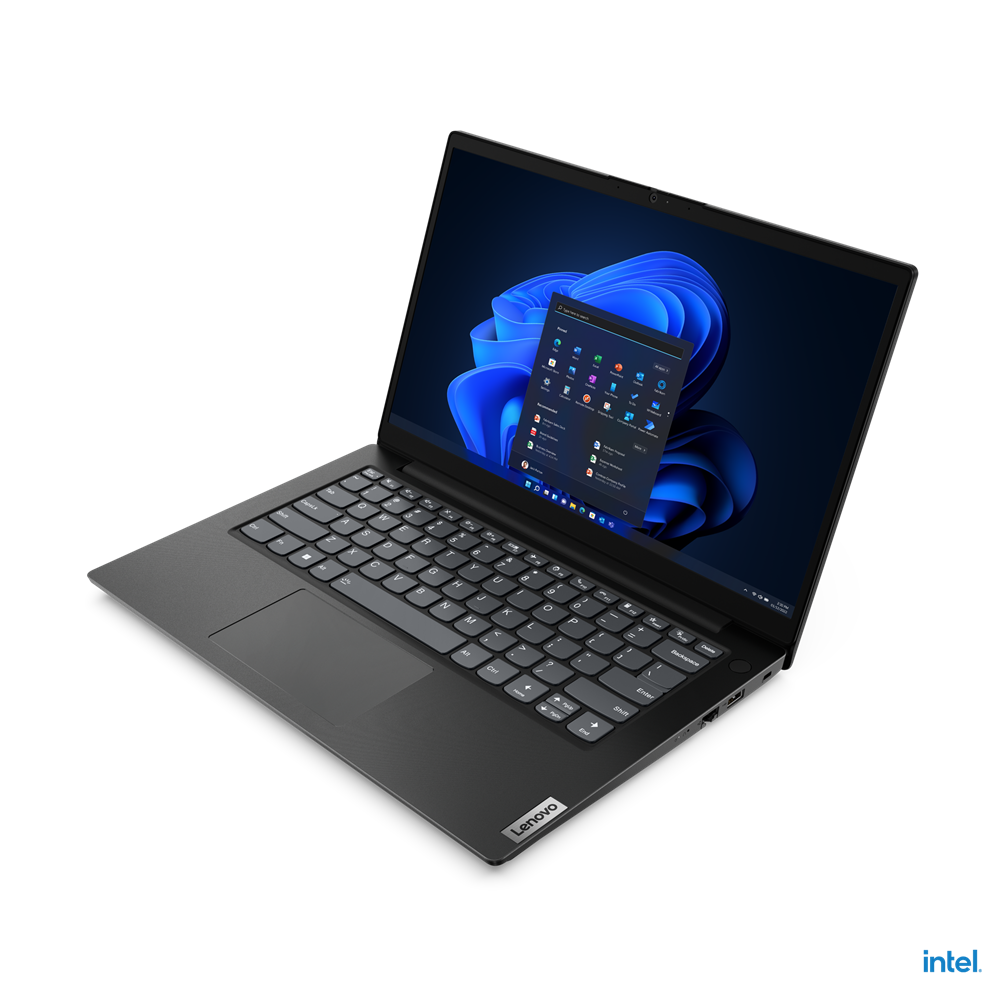 Czarny laptop Lenovo jest otwarty, wyświetlając interfejs Windows 11. Ekran pokazuje niebieskie abstrakcyjne tapety i ikony aplikacji.