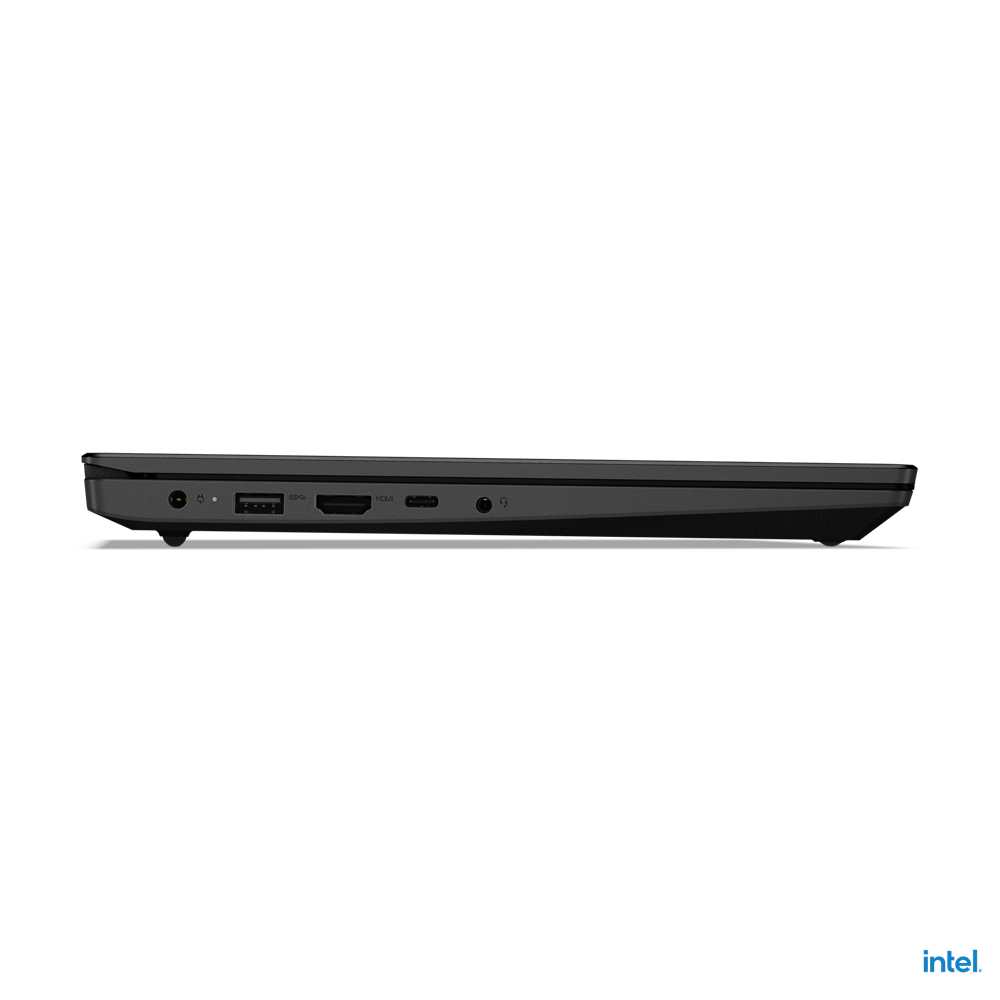 Widok z boku ciemnoszarego laptopa. Porty obejmują zasilanie, USB, HDMI i gniazdo audio. Tło jest jednolicie czarne. Logo Intel w rogu.