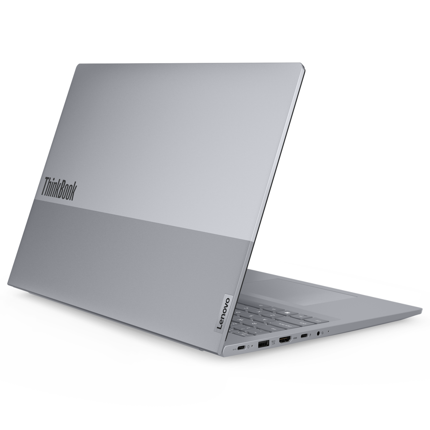 Srebrny laptop Lenovo ThinkBook jest otwarty na czarnym tle. Ekran jest podniesiony, pokazując klawiaturę i porty.