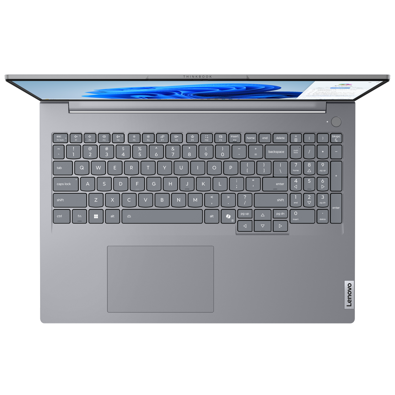 Widok z góry na laptopa Lenovo ThinkBook, widoczna klawiatura, otwarty ekran z niebiesko-białym obrazem.