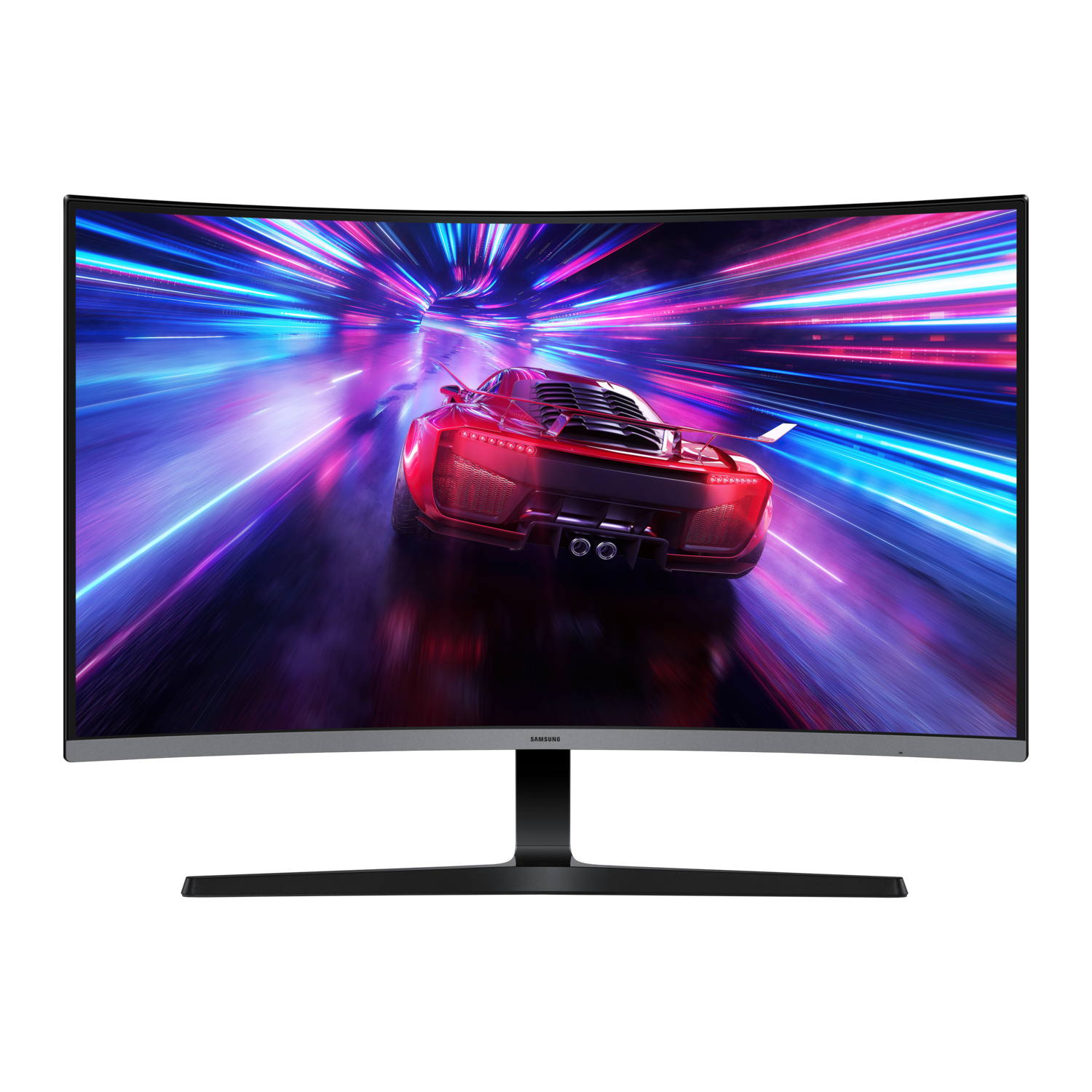 Curved monitor displays a red sports car racing through a tunnel with neon lights. The monitor is on a black surface.