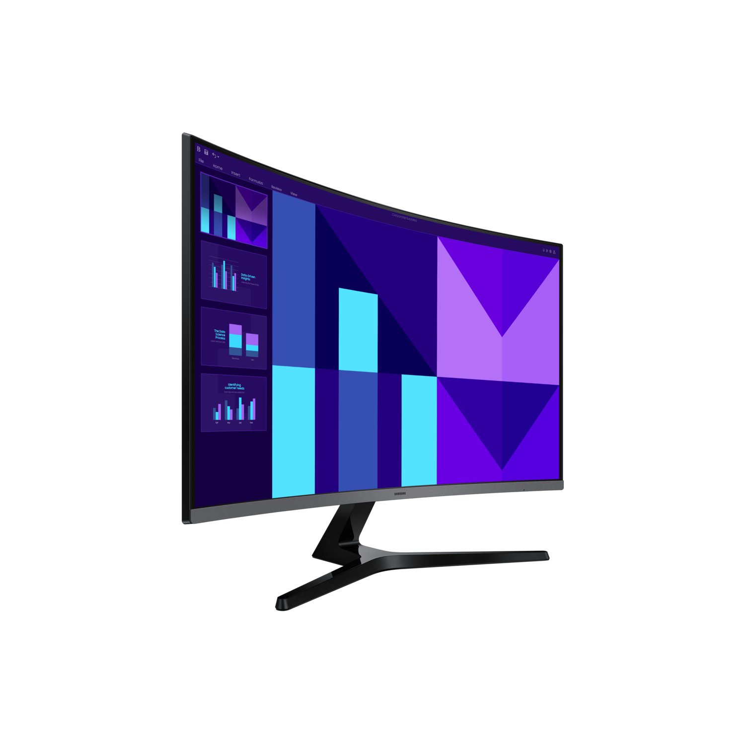 A curved monitor displays charts and graphs in shades of blue and purple against a black background. The screen shows data analysis.