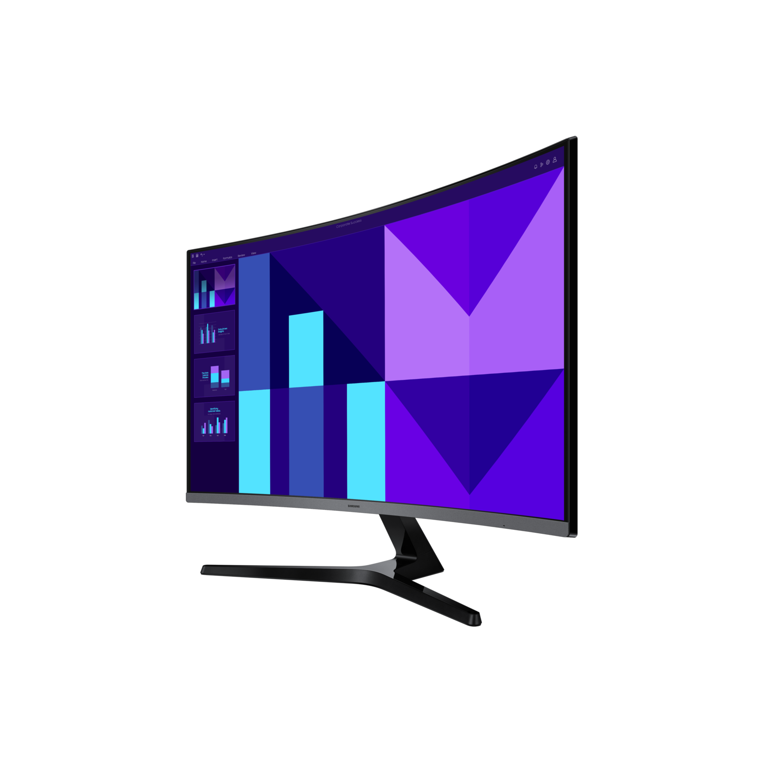 A curved computer monitor displays a geometric design in blue, purple, and white against a black background.