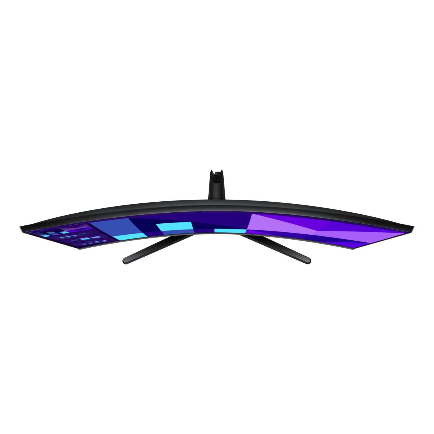 Curved monitor with geometric patterns. The screen displays blue and purple shapes. Black stand and background.