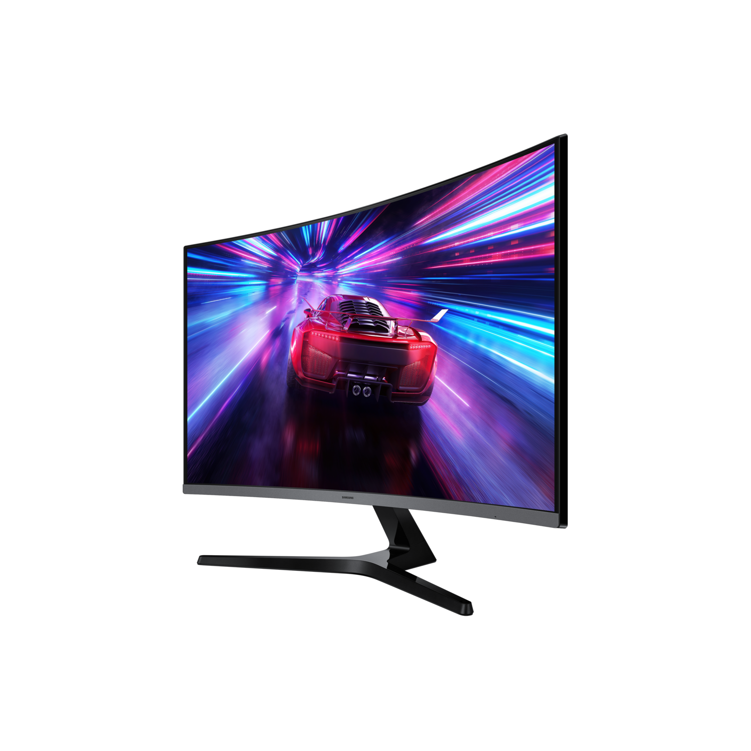 Curved monitor displays a red sports car racing on a track with colorful light trails. Black stand and bezel frame the screen.
