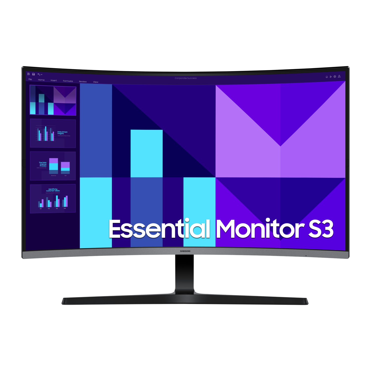 A curved monitor displays a presentation with charts and graphs. The screen shows the text "Essential Monitor S3".