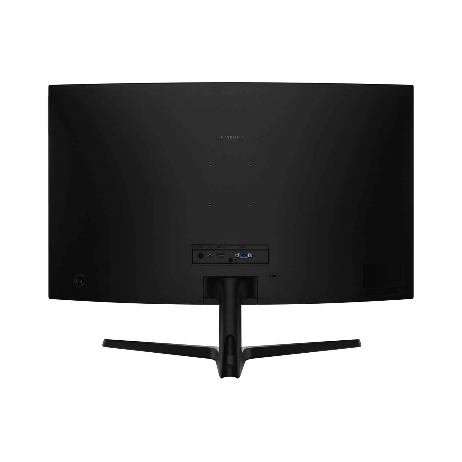 Back view of a black Samsung monitor with ports at the bottom. The stand is black and the background is black.