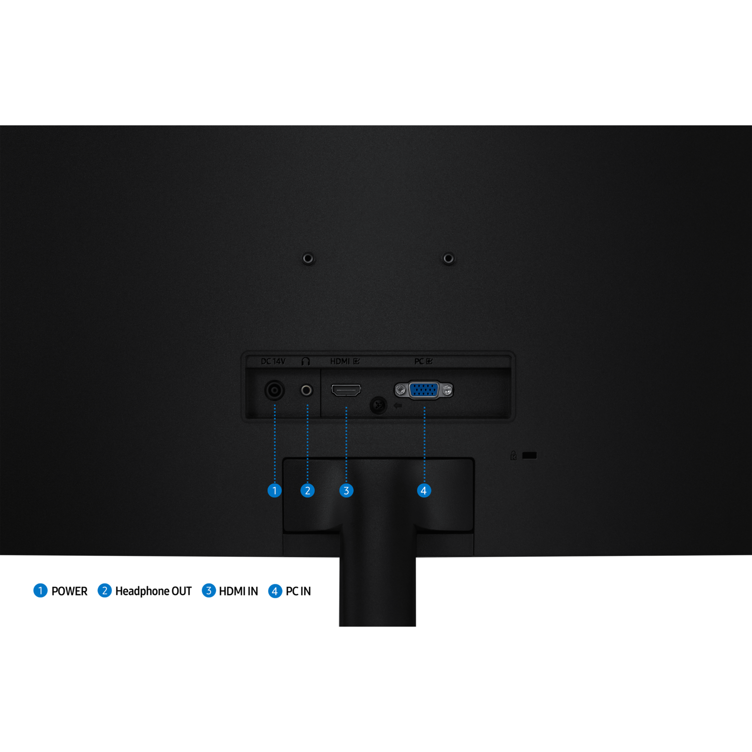 Back of a black monitor with various input ports, including DC, audio, HDMI, and VGA, labeled with corresponding numbers.