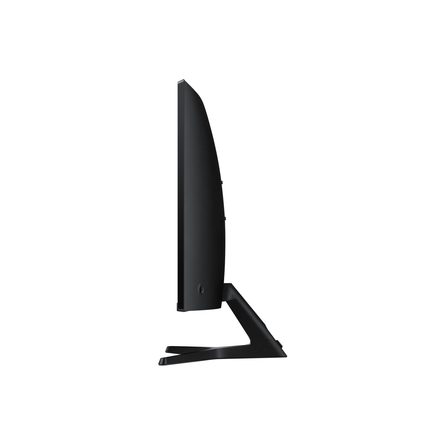 Side view of a black computer monitor with a curved screen and a black stand on a black background.