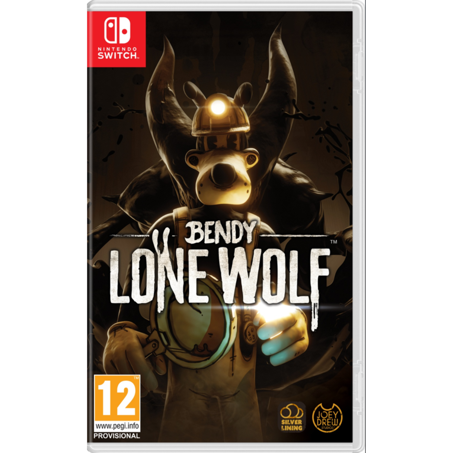 Gamecase voor Bendy: Lone Wolf op Nintendo Switch. Toont een stripfiguur met mijnwerkershoed en donkere achtergrond.