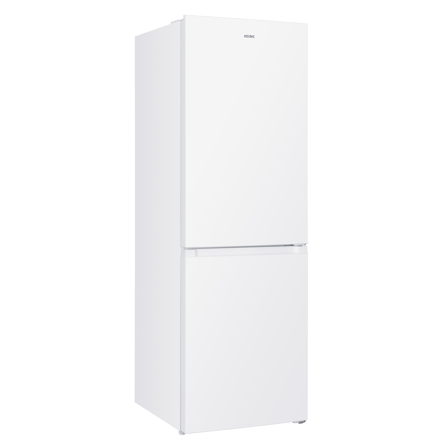 A white Koenic refrigerator stands on a white background. The fridge has two doors and a handle on the lower door.