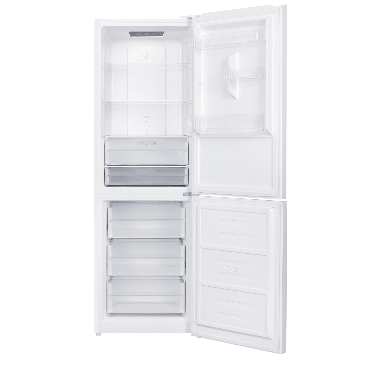 A white refrigerator with open doors, showing empty shelves and drawers. The freezer compartment is at the bottom.