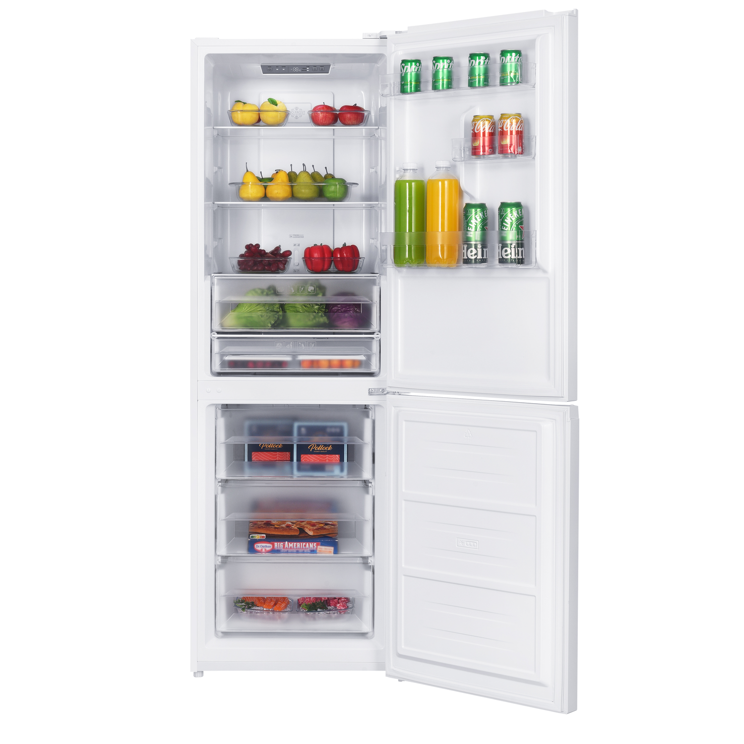 A white refrigerator with open doors, revealing fruits, vegetables, drinks, and frozen food. The interior is well-organized and full.