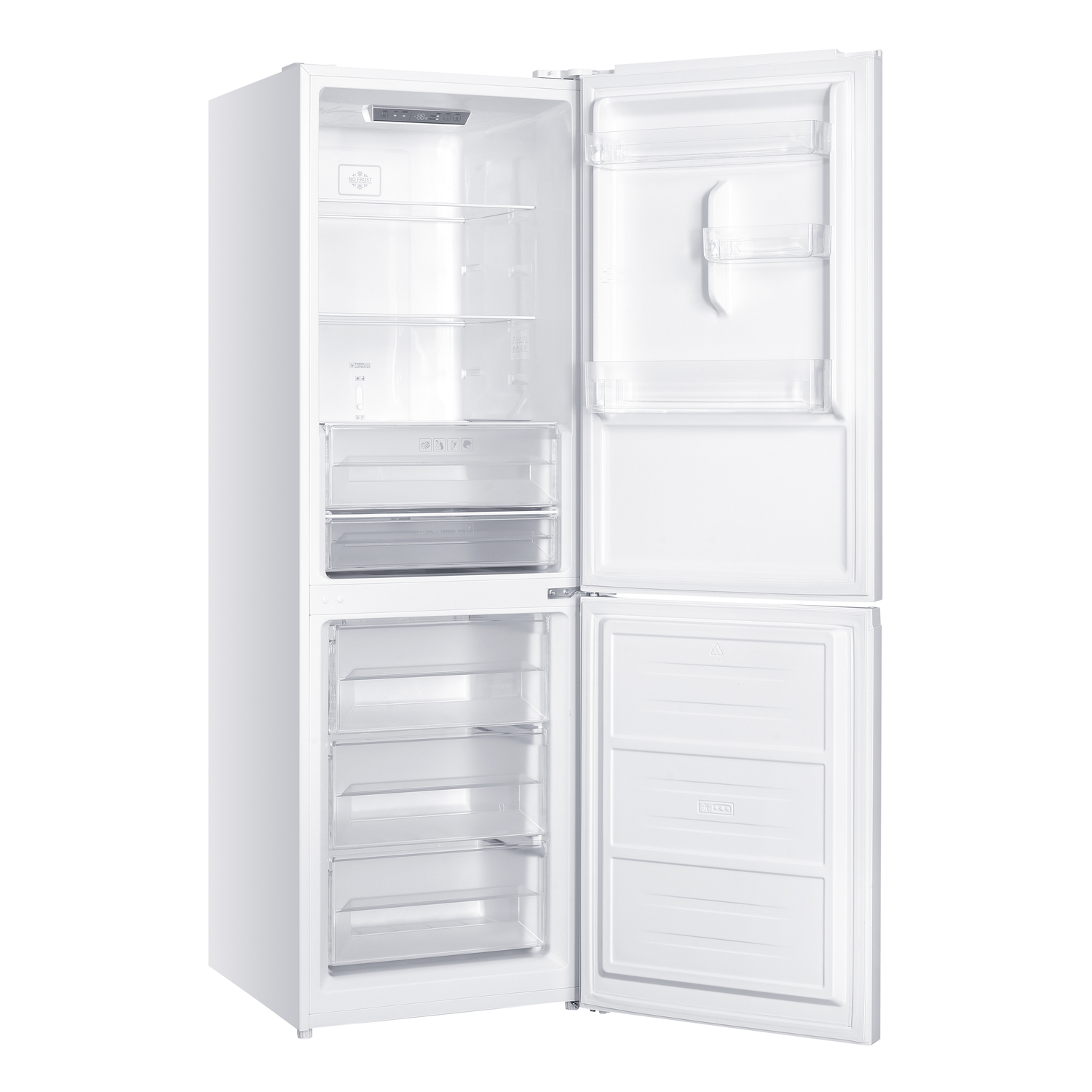 A white refrigerator with the doors open. The left door reveals shelves and drawers, while the right door shows compartments.