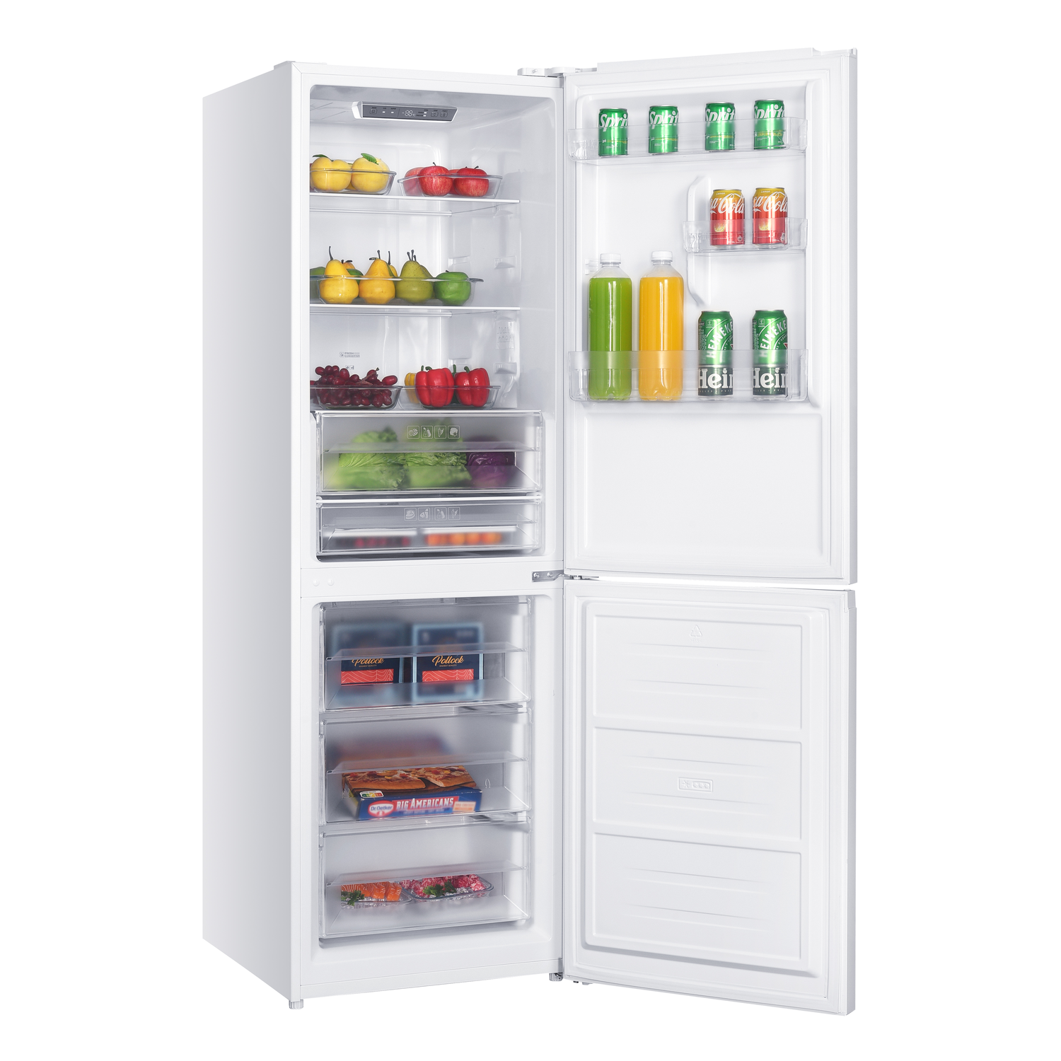 White refrigerator open, showing fruits, vegetables, drinks, and frozen food. Top has fruits, middle has veggies, bottom has frozen food.