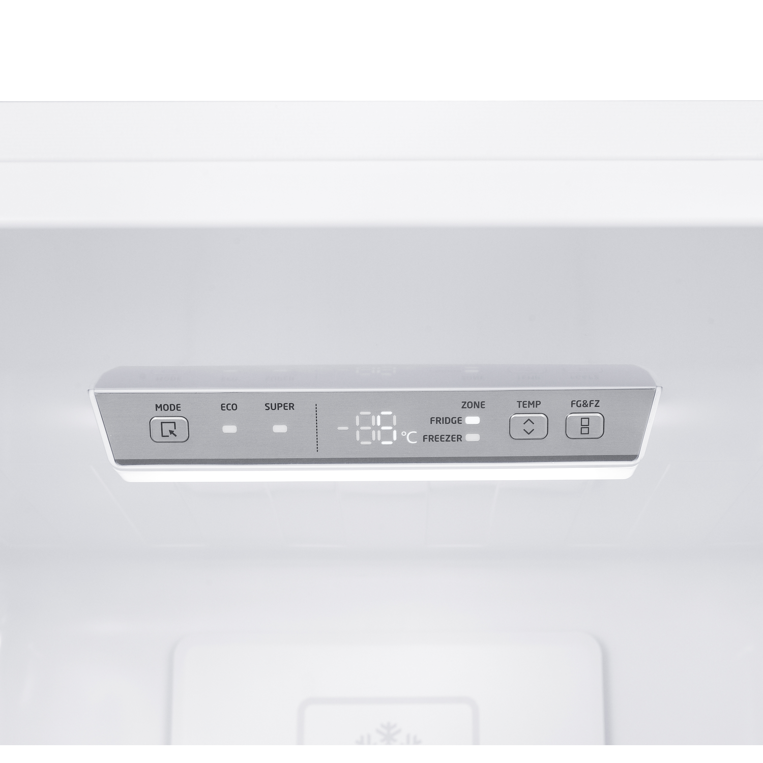 A close-up shows a refrigerator control panel. It has buttons for mode, eco, super, zone, temp, and FG&FZ, along with a temperature display.