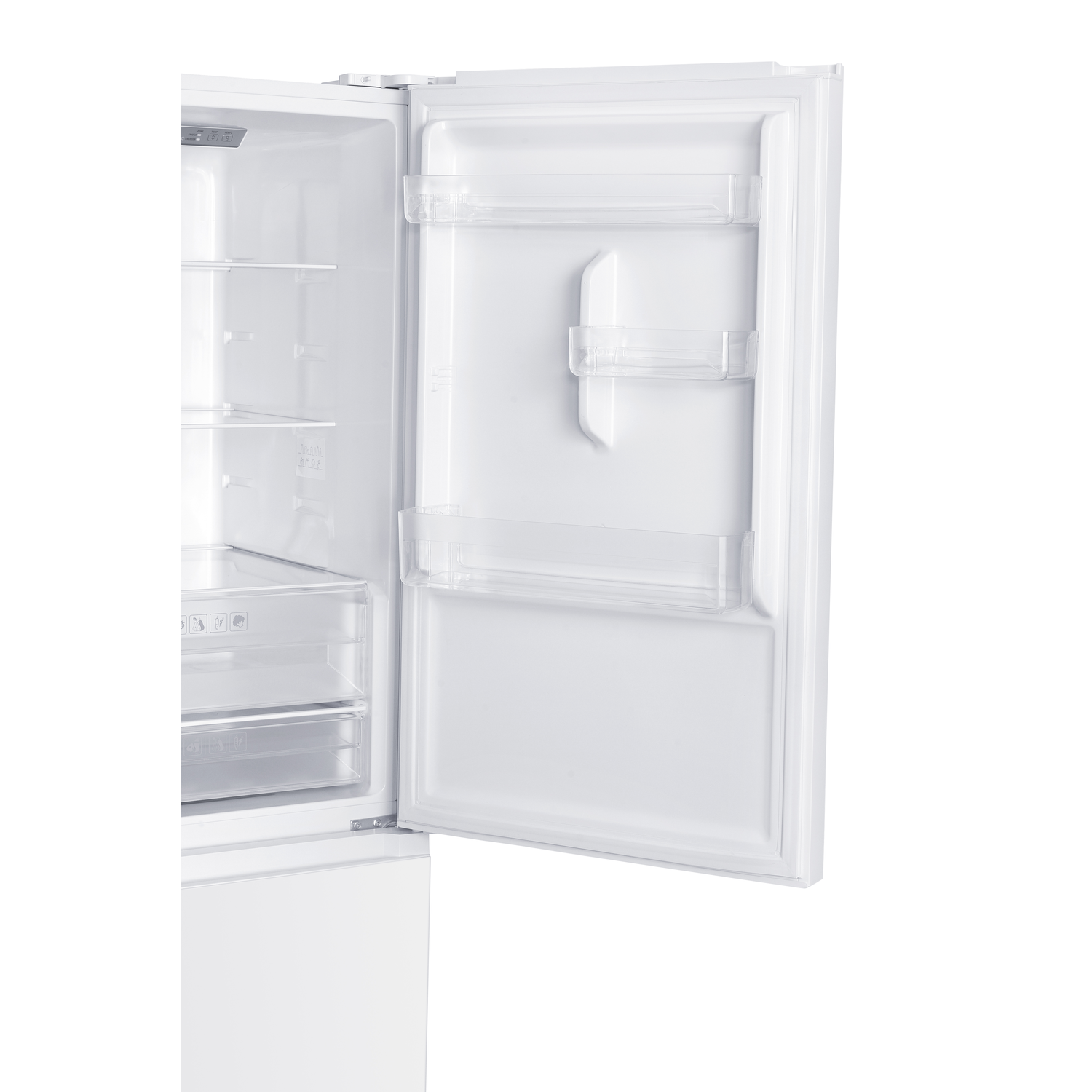 White refrigerator with open door. Inside, shelves and drawers are visible. The door has shelves too, all empty.