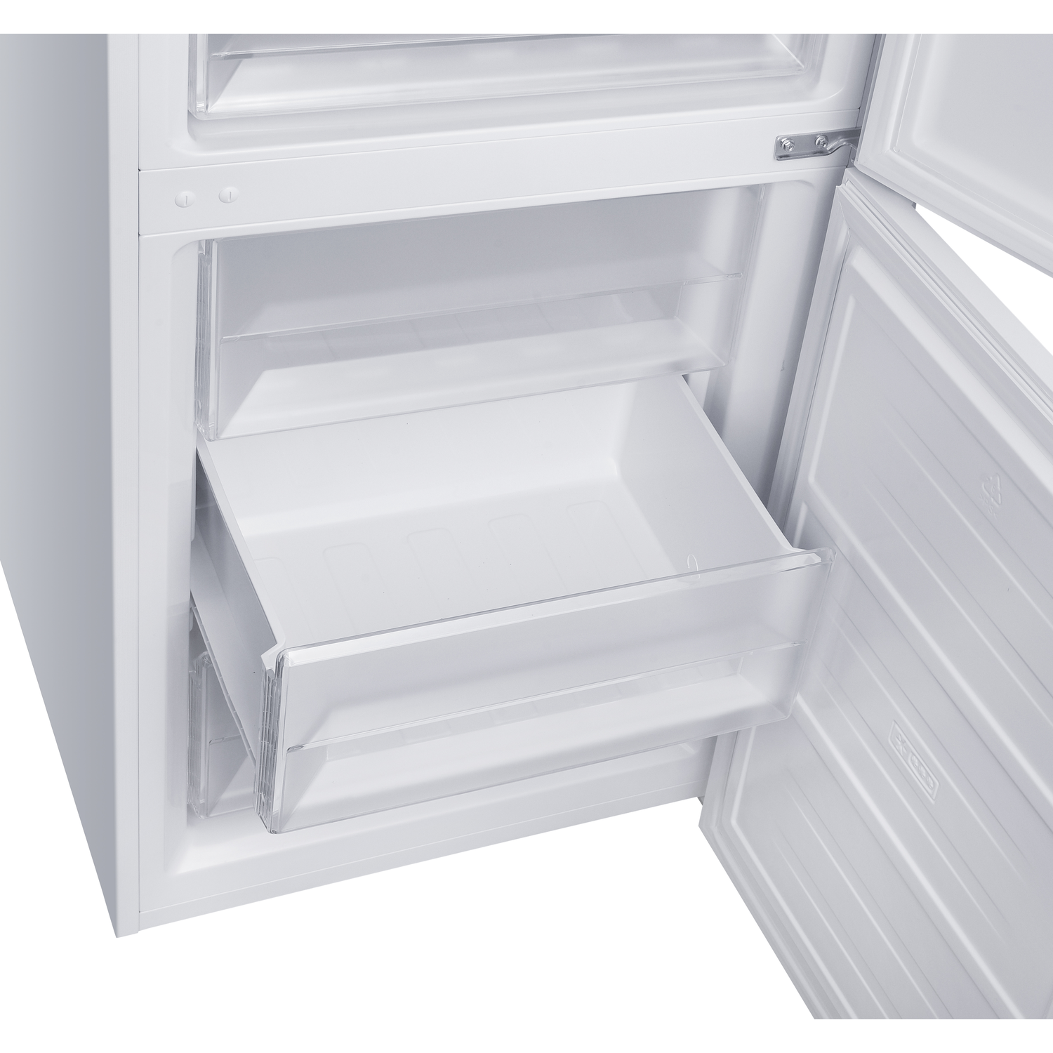 An open white refrigerator with transparent drawers. The door is open. The interior is white, and the drawers are pulled out.