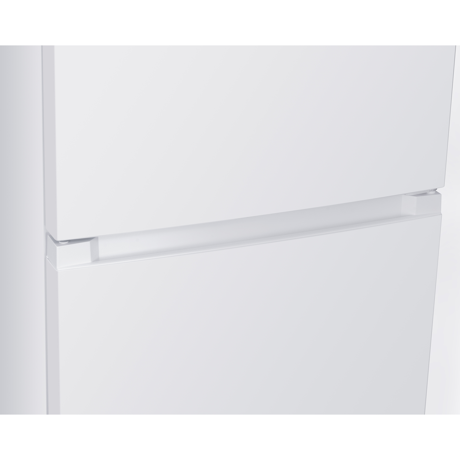 Close-up of a white refrigerator. The top door is slightly ajar, revealing a handle. The background is plain white.
