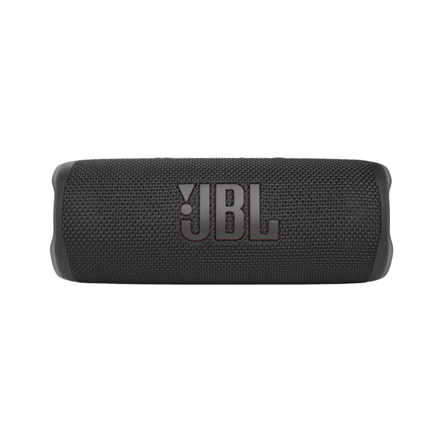 Een zwarte JBL-luidspreker met het rode JBL-logo. De luidspreker is cilindrisch met een mesh textuur, op een zwarte achtergrond.