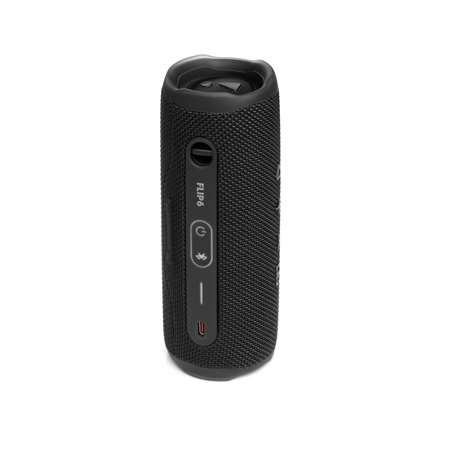 Black JBL Flip 6 speaker on white background. It has power, Bluetooth, and charging indicators. The speaker is cylindrical.