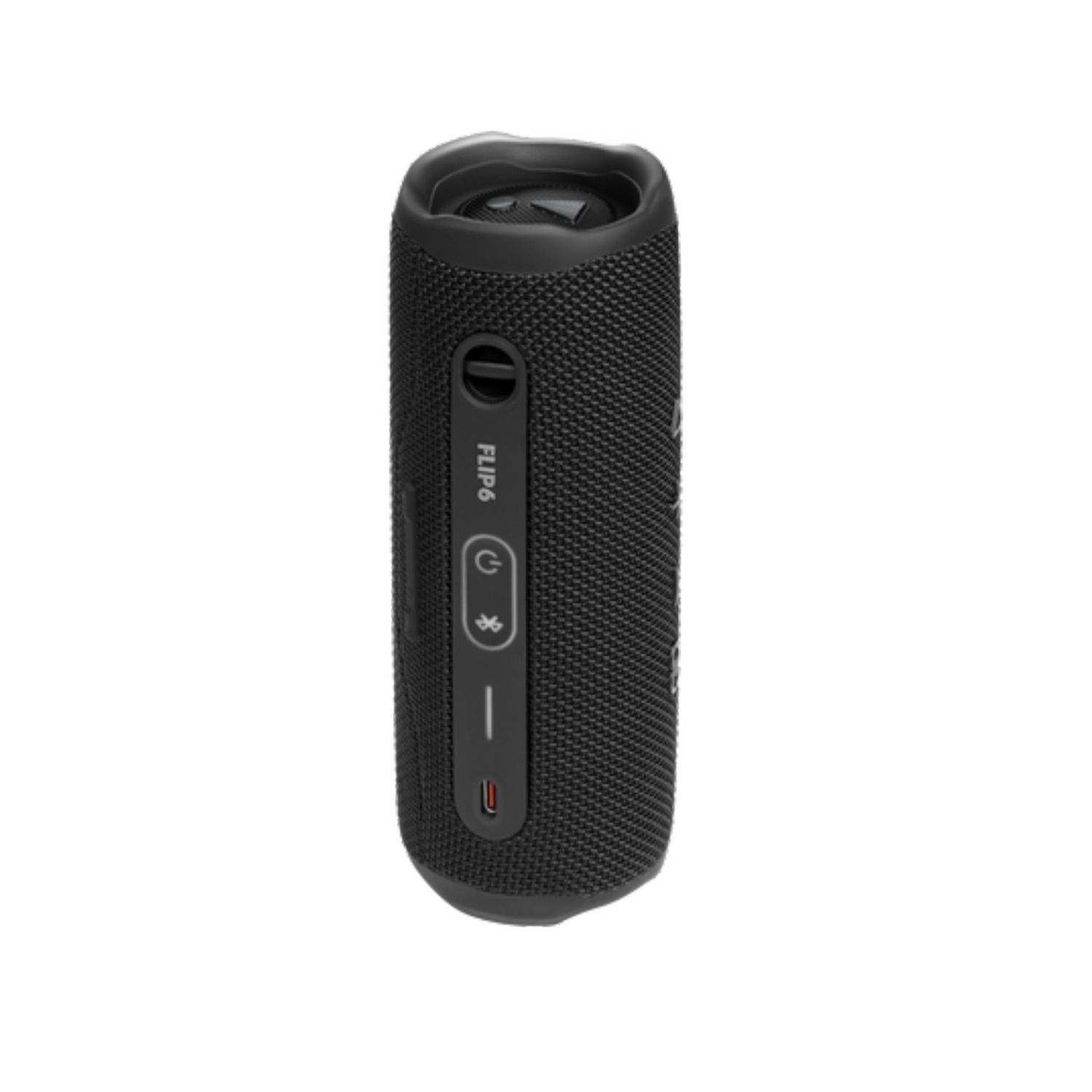 A black JBL Flip 6 portable speaker. It has power, Bluetooth, and volume buttons. The speaker is cylindrical and stands upright.