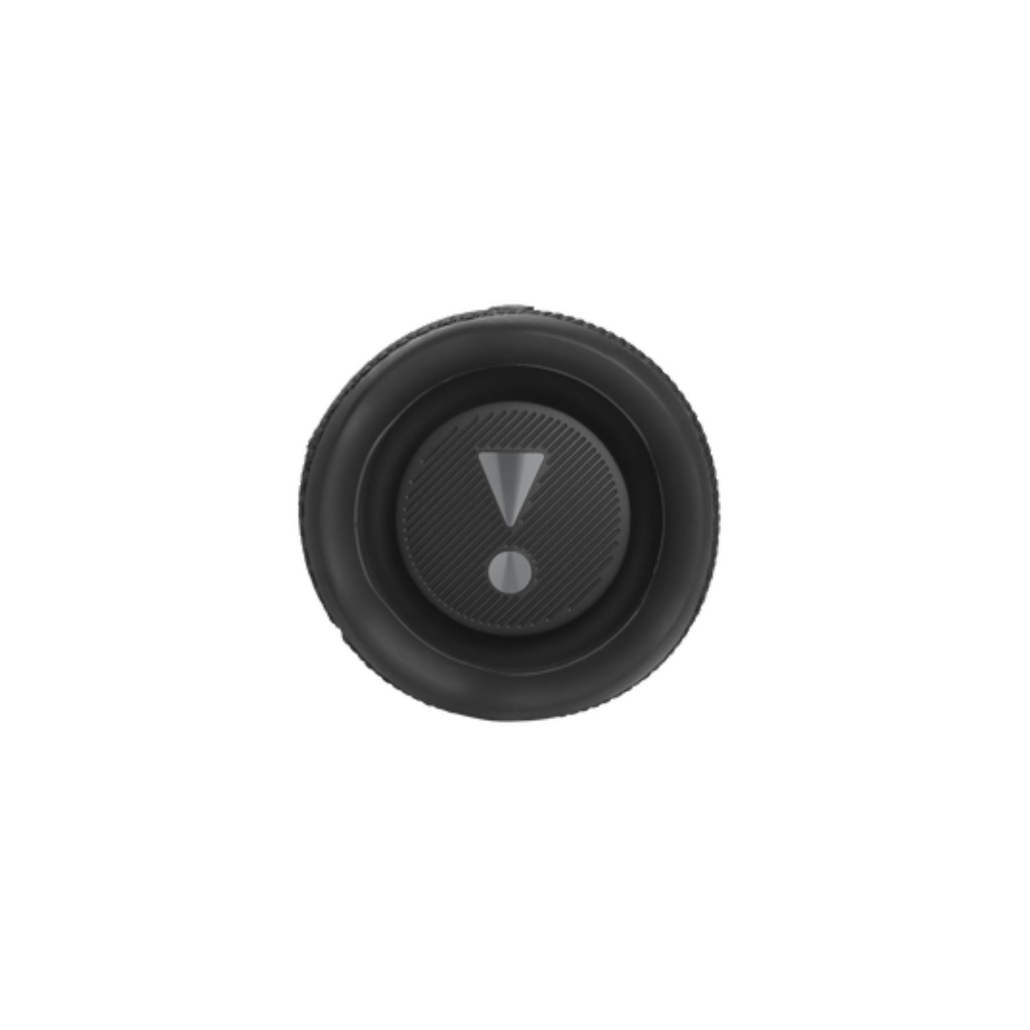 Black, circular device with a grey center. The center has a textured surface and a white exclamation mark symbol.
