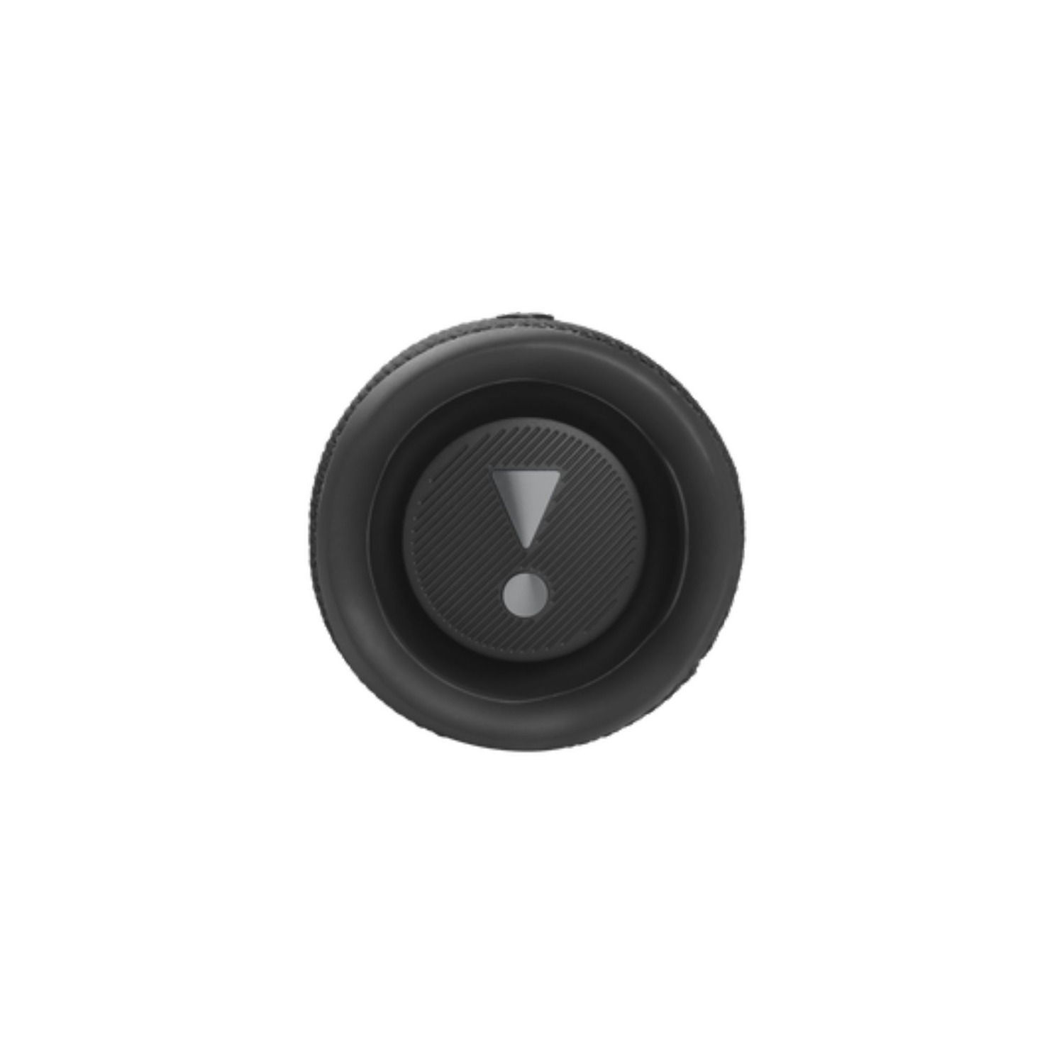 A black, circular device with a grey, textured center. A white exclamation mark is in the center. The background is white.