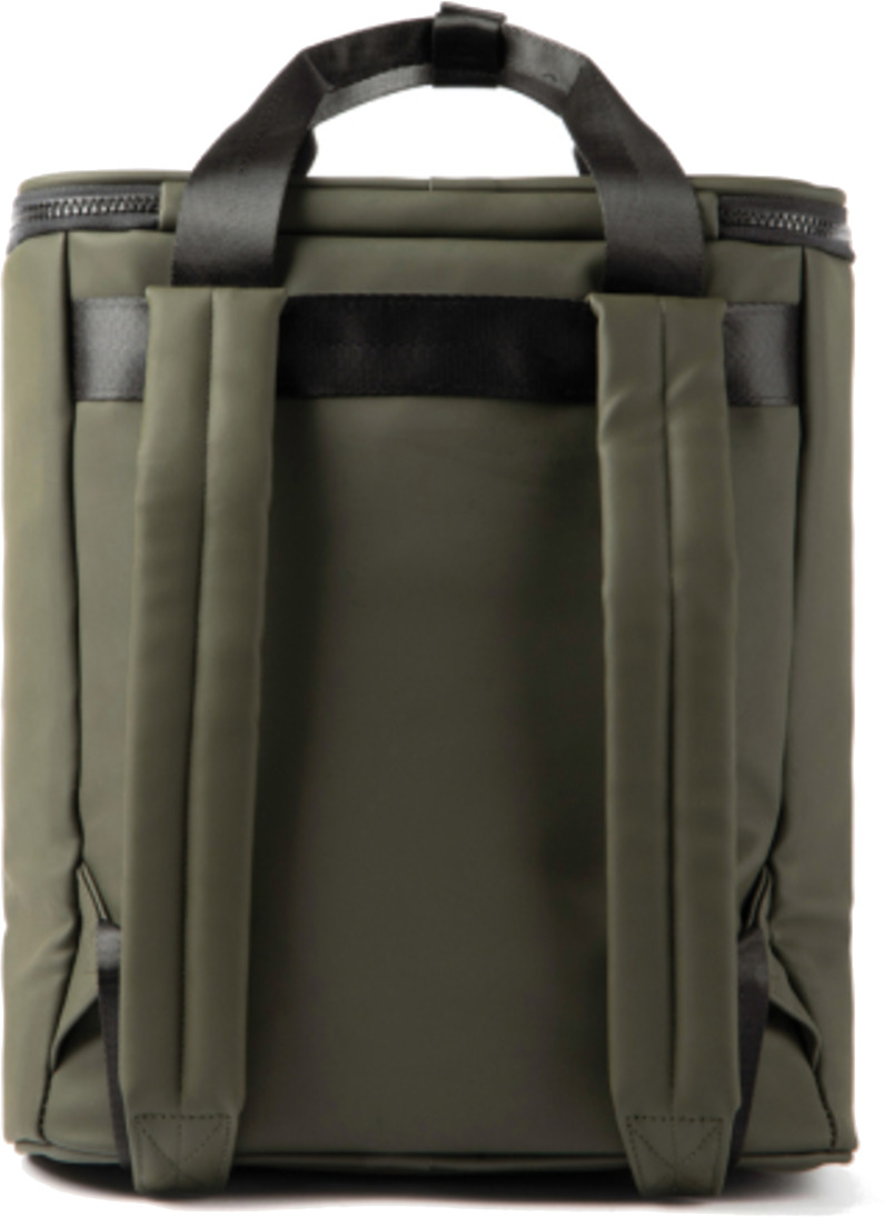 A green backpack with black straps and a handle. The zipper is black. The bag is viewed from the back.