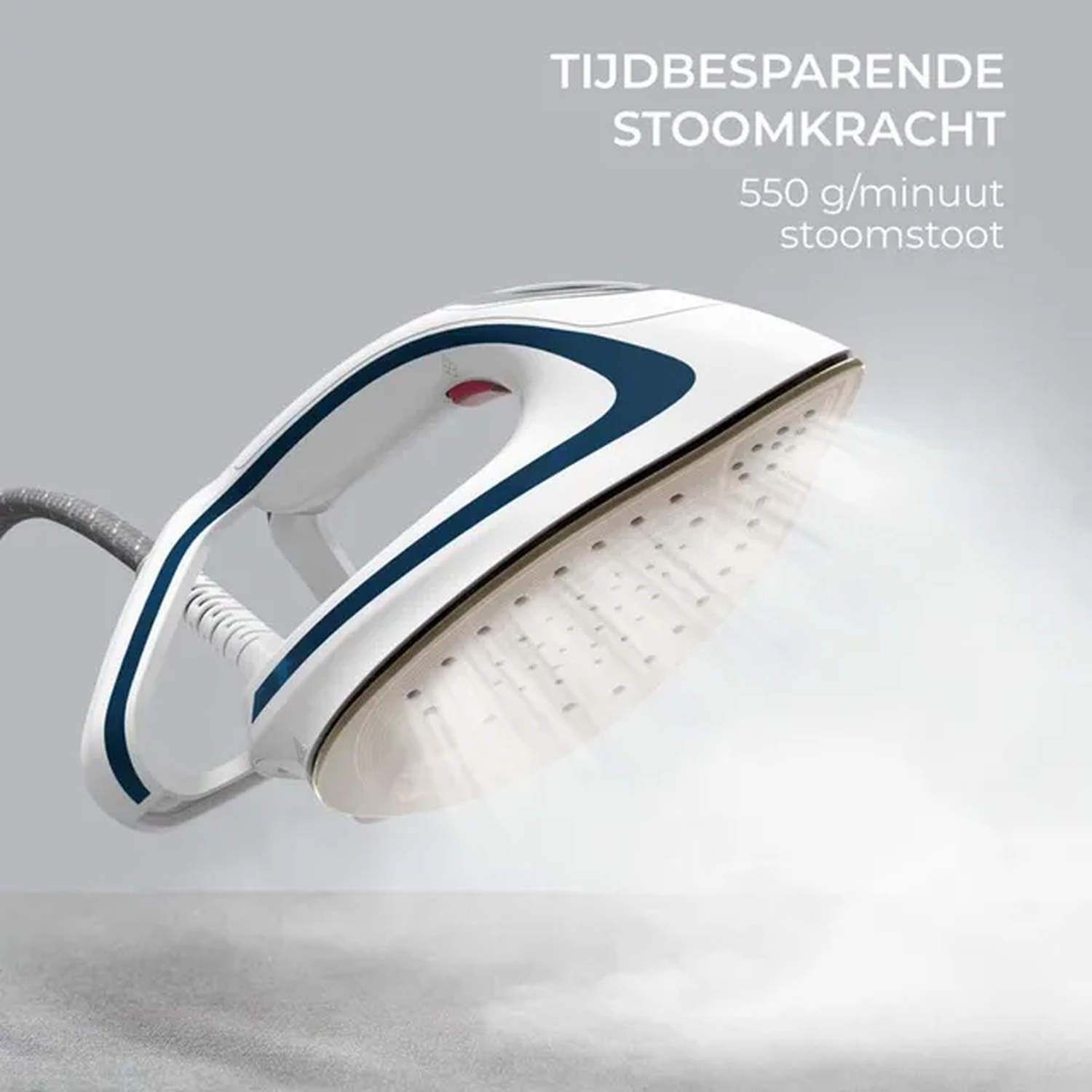 A white and blue steam iron emitting steam. Text above reads 'Time-saving steam power' and '550 g/minute'.